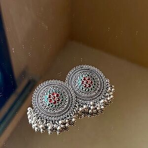Vintage Style Oxidized Jhumka Earrings with Colorful Gemstones